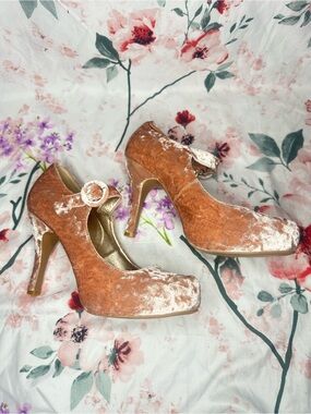 Qupid Peach Velvet Mary Jane Heels